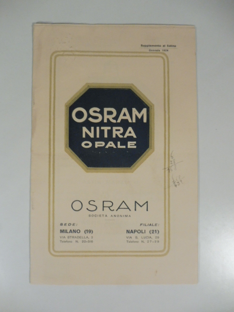 Osram Nitra opale. Supplemento al listino, gennaio 1924 + Listino Lampade Osram